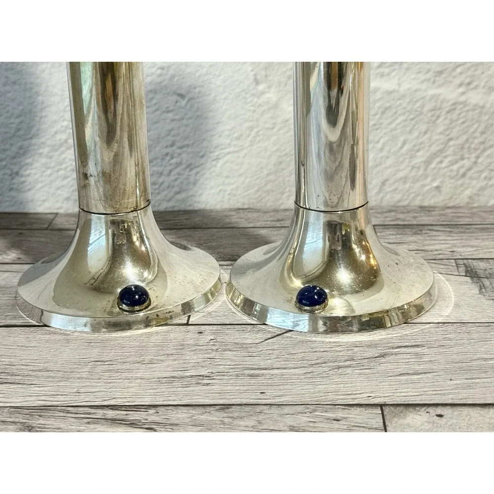 Vintage MCM Silver Plated Cylinder Candle Holders Cabochon Stone Accented Base